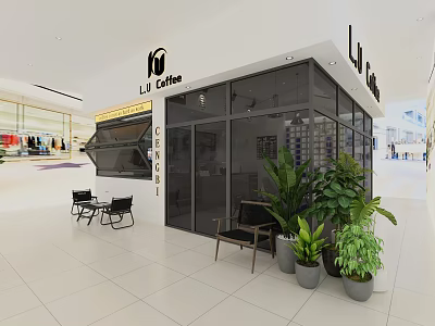 LiLi Coffee Shop In Mall Interior With Glass Facade Outdoor Seating And Green Plants 3d model