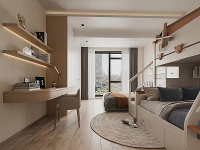 Modern Bedroom Interior With Desk Shelves Bunk Bed Window And Rug 3d model