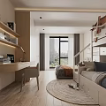 Modern Bedroom Interior With Desk Shelves Bunk Bed Window And Rug