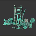 Ancient Tools and Artifacts Collection With Wooden Shelf Clay Pots Stone Mill and Tools