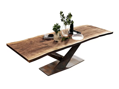 Contemporary Wooden Dining Table With X shaped Metal Base And Green Plants On Surface 3d model