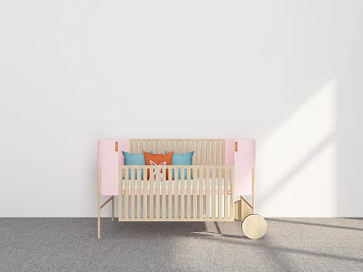 Wooden Baby Crib With Pink Headboard And Colorful Cushions In Modern Minimalist Interior 3d model