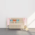 Wooden Baby Crib With Pink Headboard And Colorful Cushions In Modern Minimalist Interior