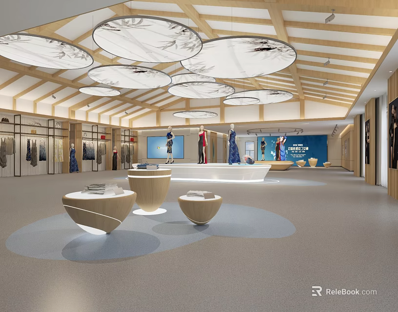 Spacious Modern Clothing Showroom With Wooden Ceiling Circular Lights And Display Tables 3d model 