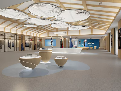 Spacious Modern Clothing Showroom With Wooden Ceiling Circular Lights And Display Tables 3d model