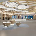 Spacious Modern Clothing Showroom With Wooden Ceiling Circular Lights And Display Tables