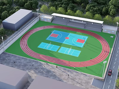 Football Field With Green Grass Red Running Track Basketball Courts And Surrounding Trees 3d model
