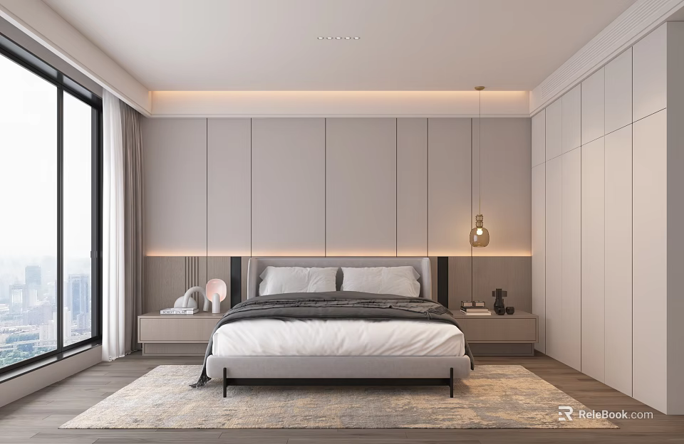 Modern Bedroom Interior Design With Gray Walls Large Windows And Wooden Flooring 3d model 