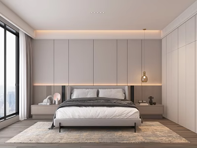 Modern Bedroom Interior Design With Gray Walls Large Windows And Wooden Flooring 3d model