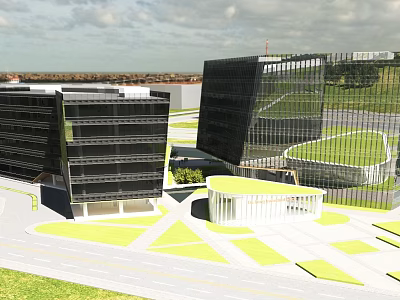 Modern Office Building With Glass Facade Green Lawn And Open Space 3d model