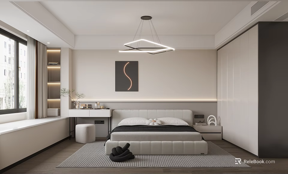 Modern Bedroom Interior With White Bed Geometric Pendant Light Abstract Artwork And Built In Wardrobe 3d model 