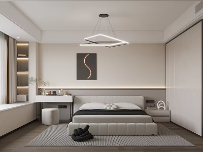 Modern Bedroom Interior With White Bed Geometric Pendant Light Abstract Artwork And Built In Wardrobe 3d model