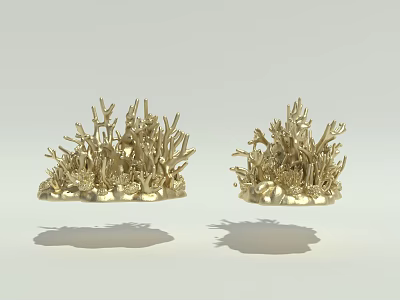 Two Golden Plant Sculptures Suspended On Light Background With Shadows 3d model