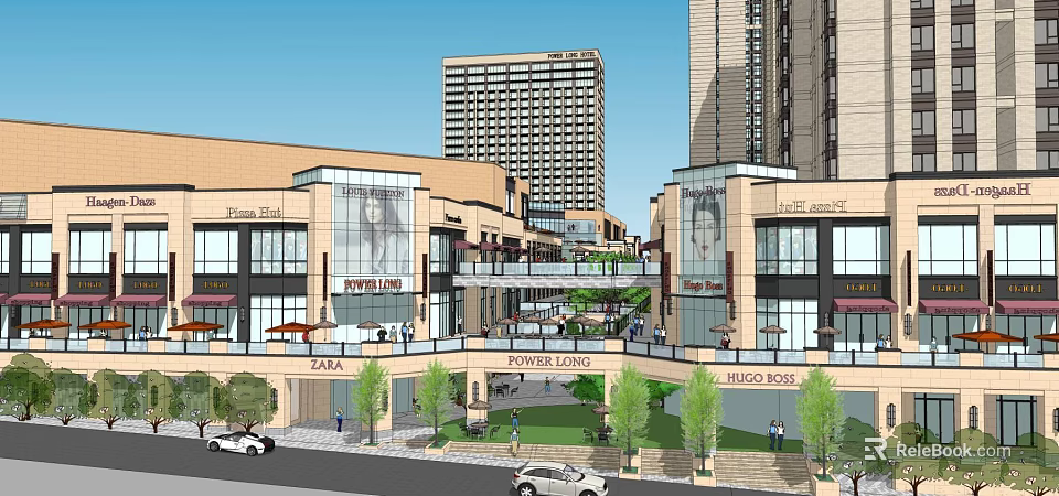 Modern Commercial Complex With Brand Retail Stores Green Space And Pedestrian Connecting Walkway 3d model 