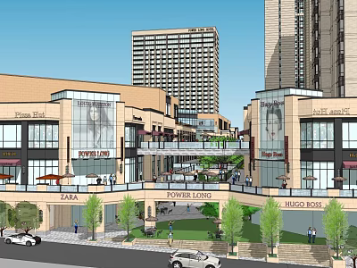 Modern Commercial Complex With Brand Retail Stores Green Space And Pedestrian Connecting Walkway 3d model