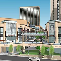 Modern Commercial Complex With Brand Retail Stores Green Space And Pedestrian Connecting Walkway