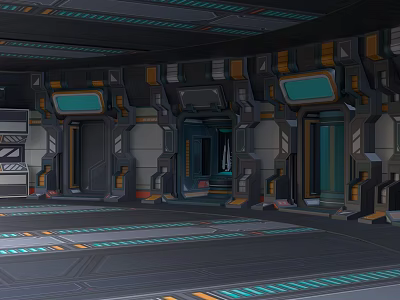 Futuristic Sci-Fi Interior Scene With Metallic Walls Glowing Panels Tech Inspired Doors And Geometric Floors 3d model