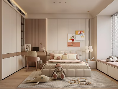 Kids Room Interior With Bed Stuffed Teddy Bear Desk Chair Wall Paintings Window Rug Cabinets 3d model