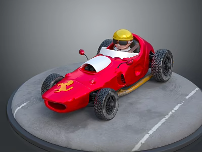 Red Racing Car With Yellow Helmet And Logo On Circular Gray Platform With White Lines 3d model