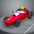 Red Racing Car With Yellow Helmet And Logo On Circular Gray Platform With White Lines