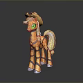 Yellow Pony Toy With Cowboy Hat Green Eyes And Blonde Mane Standing On Reflective Surface