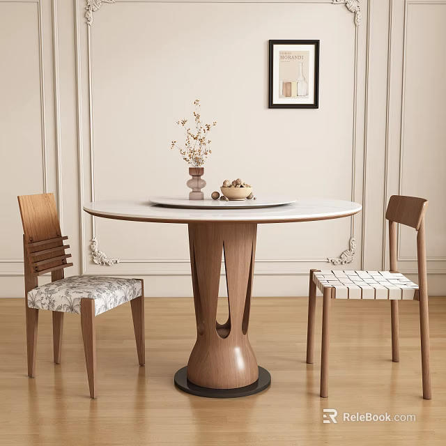 Round Wooden Dining Table Set With Two Chairs And Decorative Items In Minimalist Interior 3d model 
