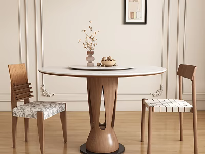 Round Wooden Dining Table Set With Two Chairs And Decorative Items In Minimalist Interior 3d model