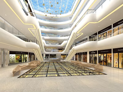 Spacious Shopping Mall Atrium With Glass Ceiling Multi Level Floors Patterned Tiles And Retail Shops 3d model