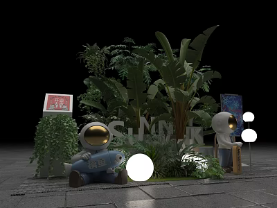 Decorative Outdoor Scene With Astronaut Figures Tropical Green Plants Illuminated Spherical Lights And Colorful Signboards 3d model