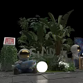 Decorative Outdoor Scene With Astronaut Figures Tropical Green Plants Illuminated Spherical Lights And Colorful Signboards