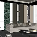 Modern Living Room Interior With Beige Sofa Dark Shelves And Green Marble Accent Wall
