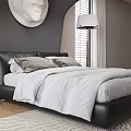 Modern Bedroom Interior With Gray Wall Circular Sculpture Floor Lamps And Shutter Windows Double Bed