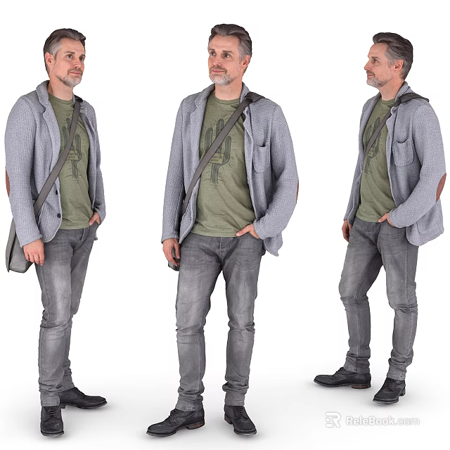 Man Wearing Gray Cardigan Over Green T Shirt And Jeans With Backpack 3d model 