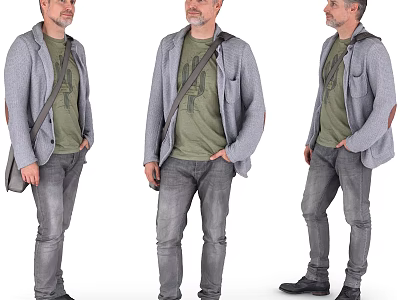 Man Wearing Gray Cardigan Over Green T Shirt And Jeans With Backpack 3d model