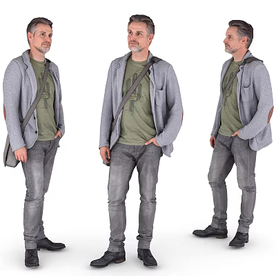 Man Wearing Gray Cardigan Over Green T Shirt And Jeans With Backpack 3d model