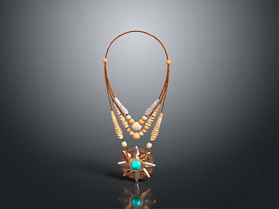 Layered Brown Cord Necklace With Beads Feather Accents And Central Turquoise Stone 3d model