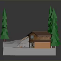 Snowy Mountain Scene With Wooden Cabin Green Pine Trees And Ski Slope