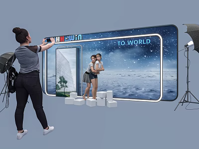 Check-in Photo Spot With Fujian To World Screen Snow Scene Trees And Cube Props 3d model