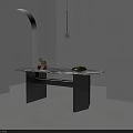 Modern Dining Table With Marble Top Metal Frame Decorative Vase Fresh Fruits And Pendant Lamp