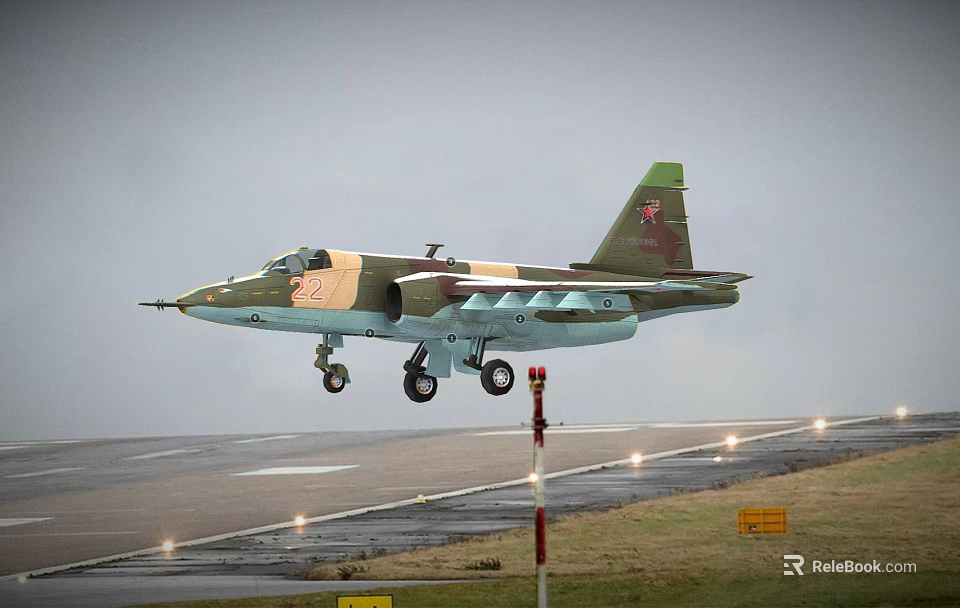 Camouflaged Fighter Jet Taking Off From Runway With Red Tail Insignia 3d model 