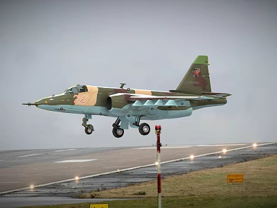Camouflaged Fighter Jet Taking Off From Runway With Red Tail Insignia 3d model