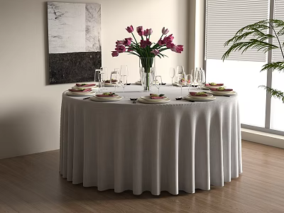 Round Dining Table With Gray Tablecloth Purple Tulips Vase Wine Glasses Tableware And Greenery 3d model
