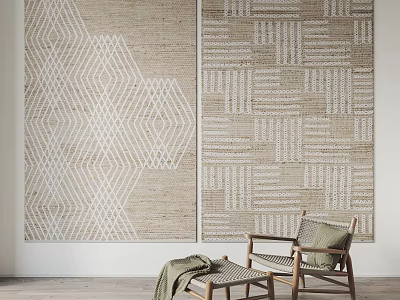 Geometric Pattern Square Rugs Decorate Minimalist Living Room With Chairs 3d model