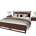Wooden Double Bed with Striped Bedspread Multiple Pillows and Nightstand Lamps 3d model