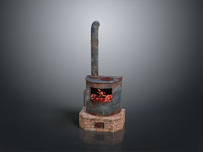 Old Fashioned Household Stove With Brick Base Chimney And Burning Red Flames 3d model