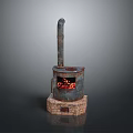 Old Fashioned Household Stove With Brick Base Chimney And Burning Red Flames