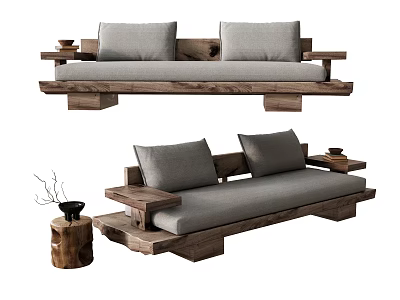 Rustic Wooden Frame Multi Person Sofa With Gray Cushions And Side Table 3d model