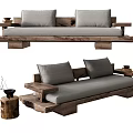 Rustic Wooden Frame Multi Person Sofa With Gray Cushions And Side Table 3d model