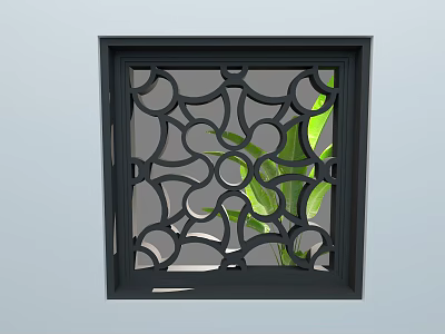 Black Framed Decorative Lattice Window With Intricate Circular Patterns And Green Plant Leaves 3d model