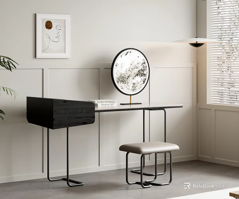 Modern Black Dressing Table with Round Mirror Beige Stool and Window Blinds Interior 3d model 